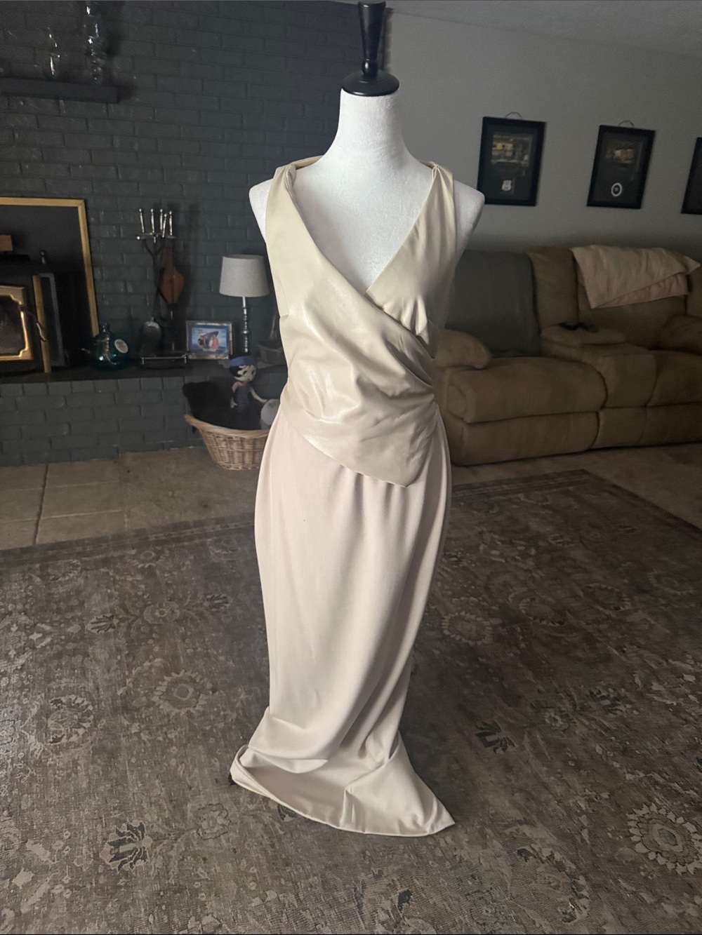 House of CB Cream Satin-Effect Wrap Midi Dress